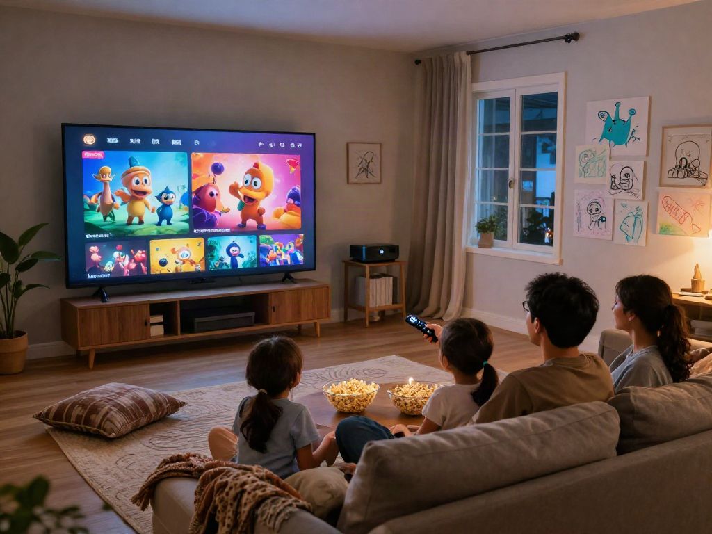 Family enjoying a Moviebox home movie night with cozy atmosphere and a warm family vibe