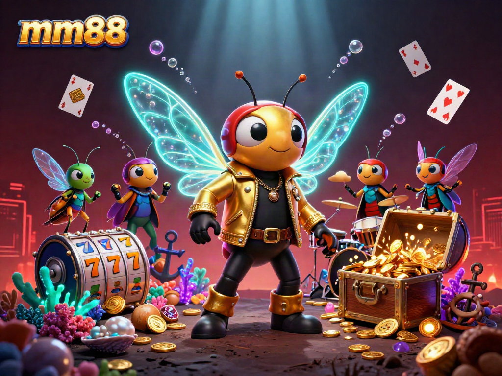 Engage with mm88's vibrant casino universe featuring a rock star, drummer, and treasures.