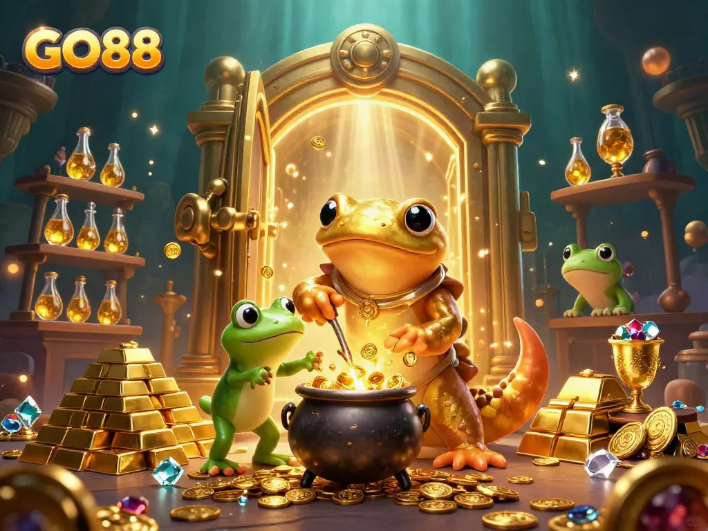 Experience GO88's golden treasures in a vibrant 3D casino environment filled with jewels and alchemists.