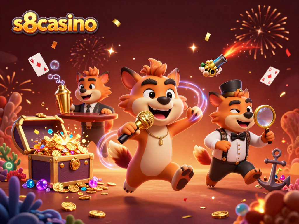S8casino hyenas perform comedy while celebrating with casino elements in a vibrant illustration.