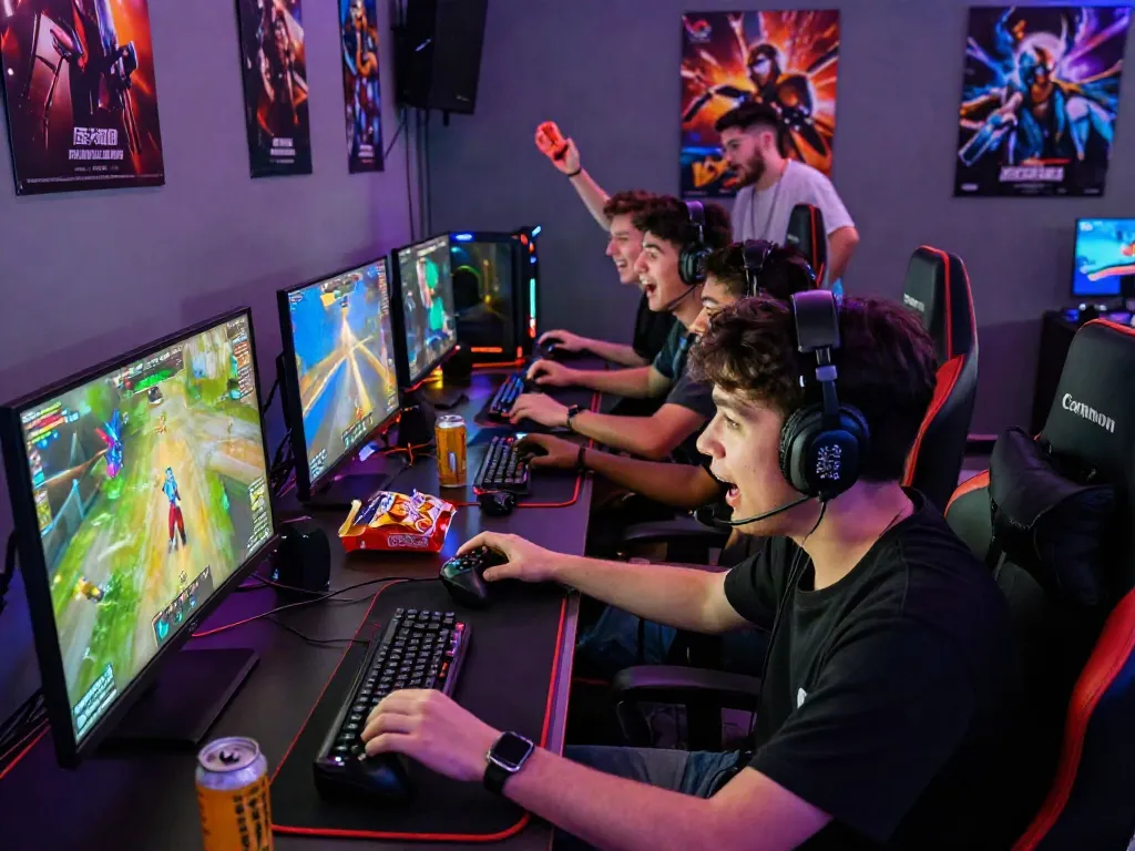 Friends enjoying an exciting gaming session with qqmacan, showcasing vibrant setups and camaraderie.