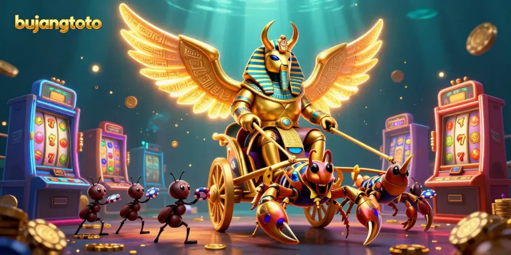 Bujangtoto showcases a vibrant 3D casino scene with a golden scarab beetle, scorpions, and poker-themed ant soldiers.