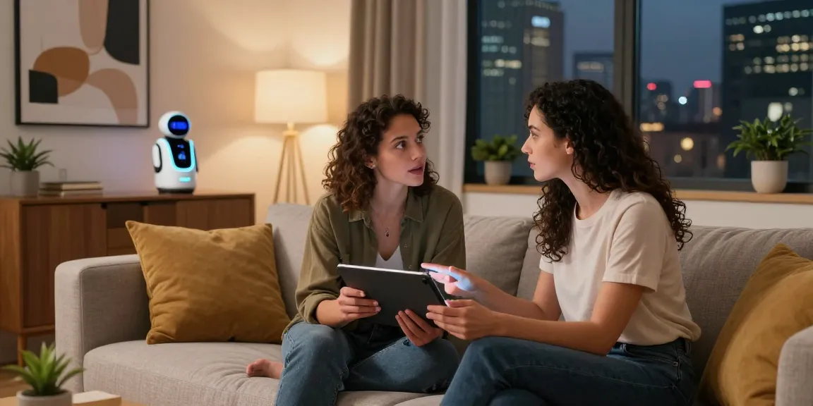 Couple discussing features of a sex bot in a stylish apartment setting.
