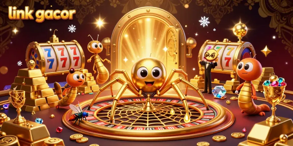 Engaging casino scene featuring the "link gacor" golden spider at a roulette wheel with vibrant jewels.