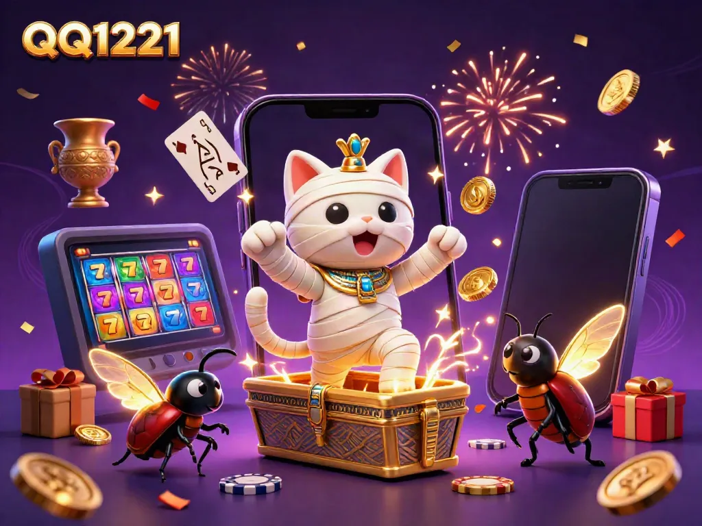Engage in exciting slot action with QQ1221's vibrant 3D casino scene featuring an Egyptian mummy cat!