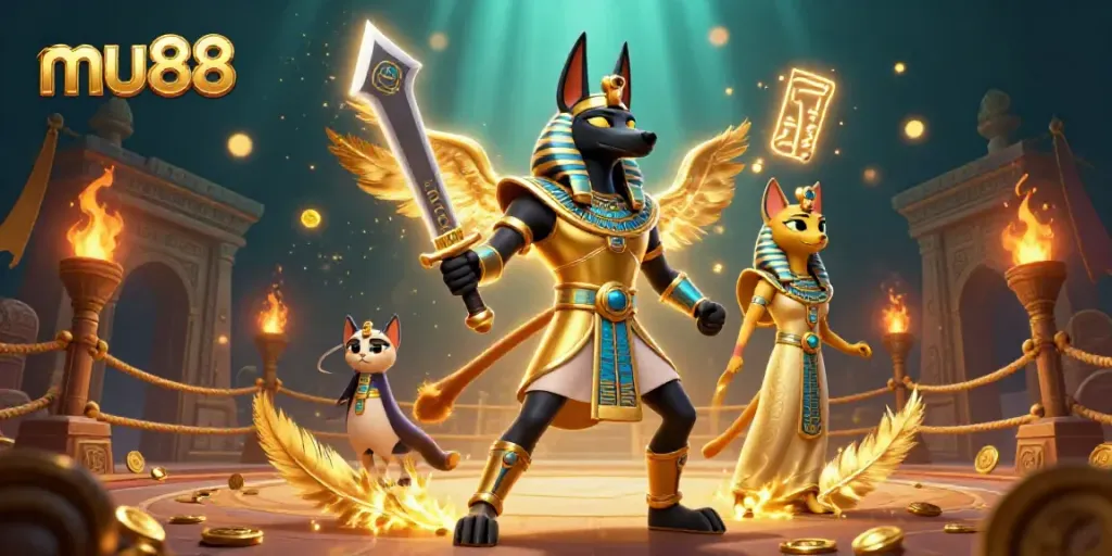 mu88 gaming scene with Anubis and Bastet in an energetic casino setting