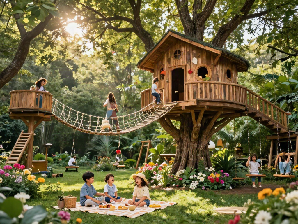 A family enjoying tree house life in a vibrant forest, surrounded by nature and joy.