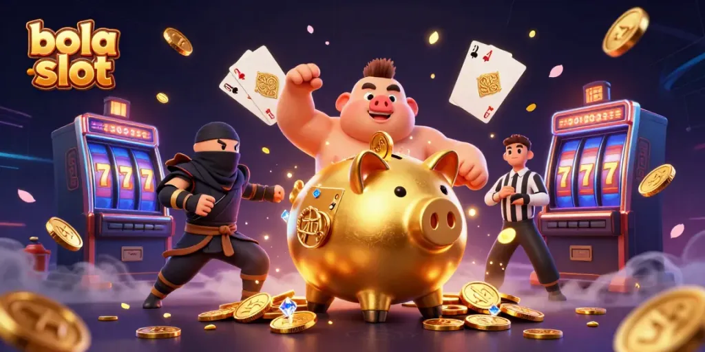 Experience the thrilling bola slot with golden piggy bank sumo wrestler and action-packed casino elements.