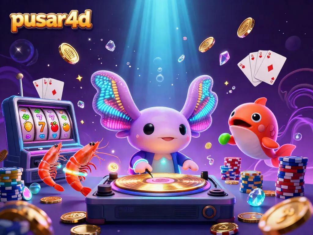 Experience pusar4d with vibrant characters, golden coins, and slot machine reels in a colorful casino underwater scene.