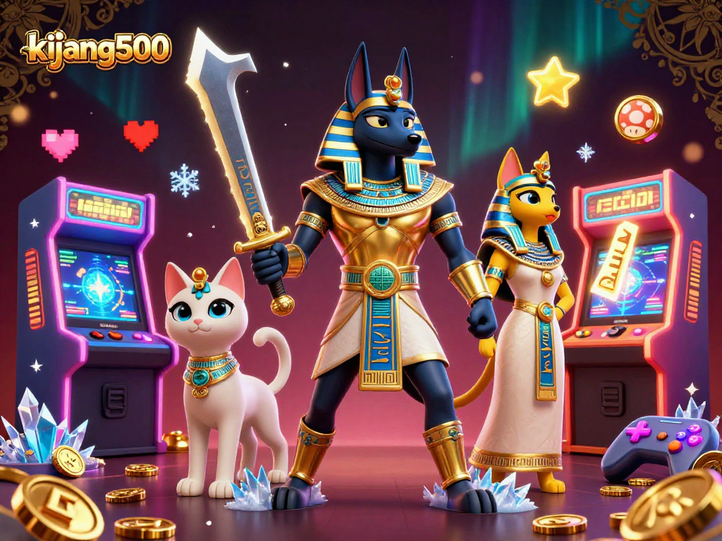 Experience thrilling gameplay at kijang500 with golden Anubis and Bastet in a vibrant casino scene.