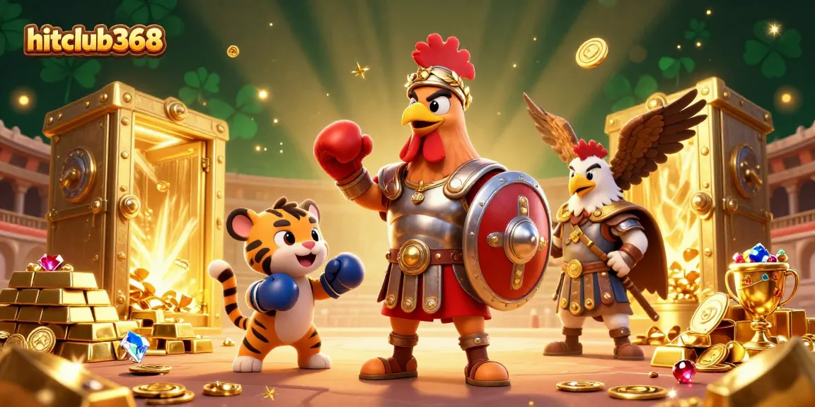 Experience thrilling gameplay at hitclub368 with a vibrant, dynamic 3D casino-themed scene featuring various treasures.