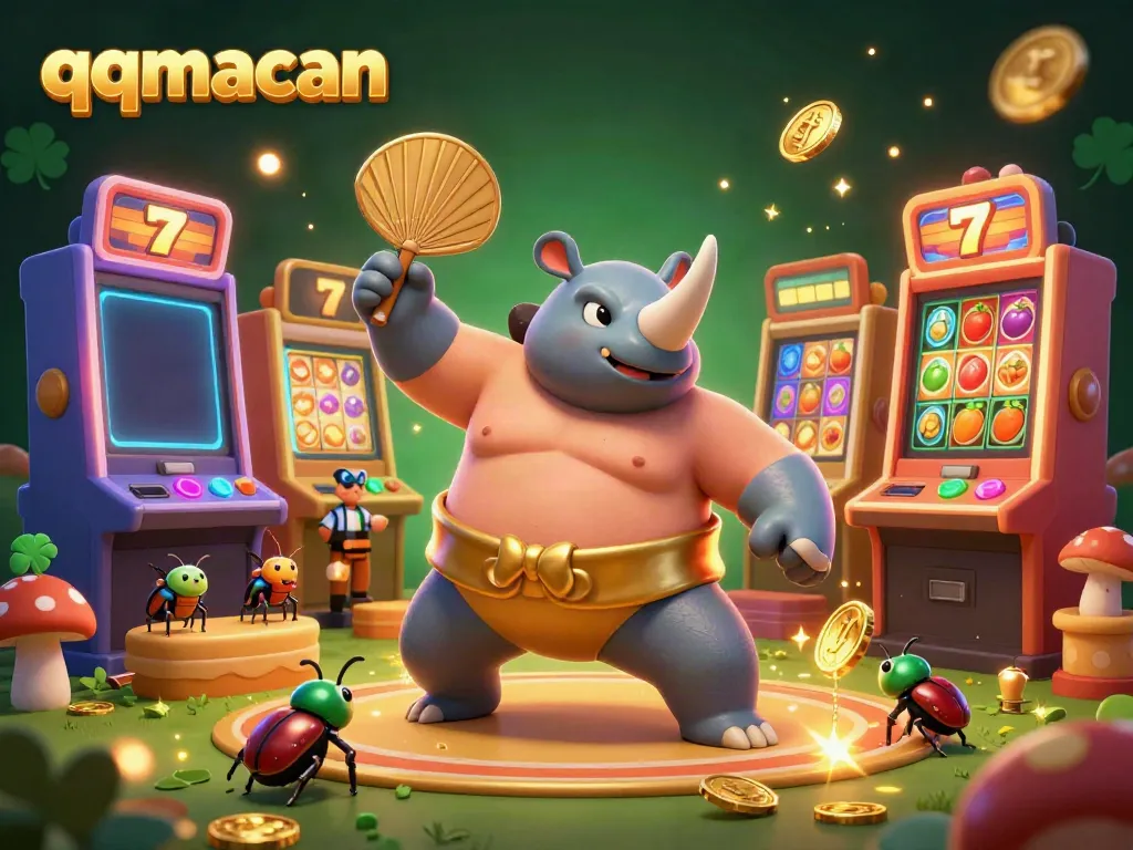 Join the qqmacan adventure with a sumo champion beetle stomping golden coins in a vibrant casino.