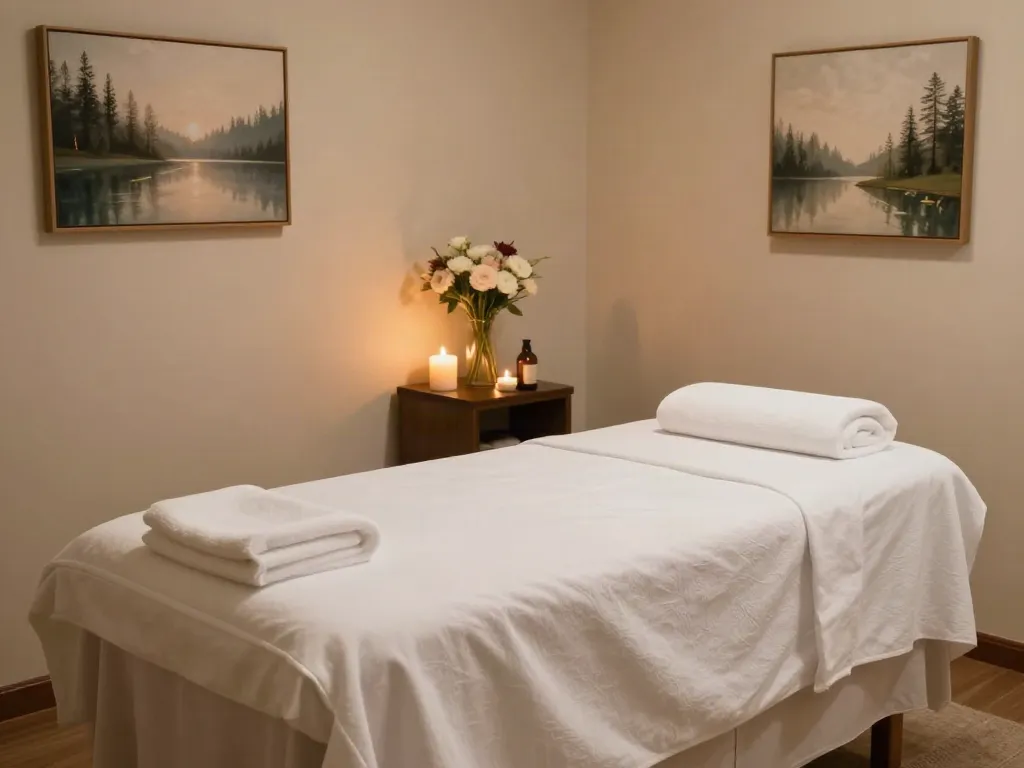 Experience the soothing ambiance of 브라보출장 massage therapy room with candles and floral decor.