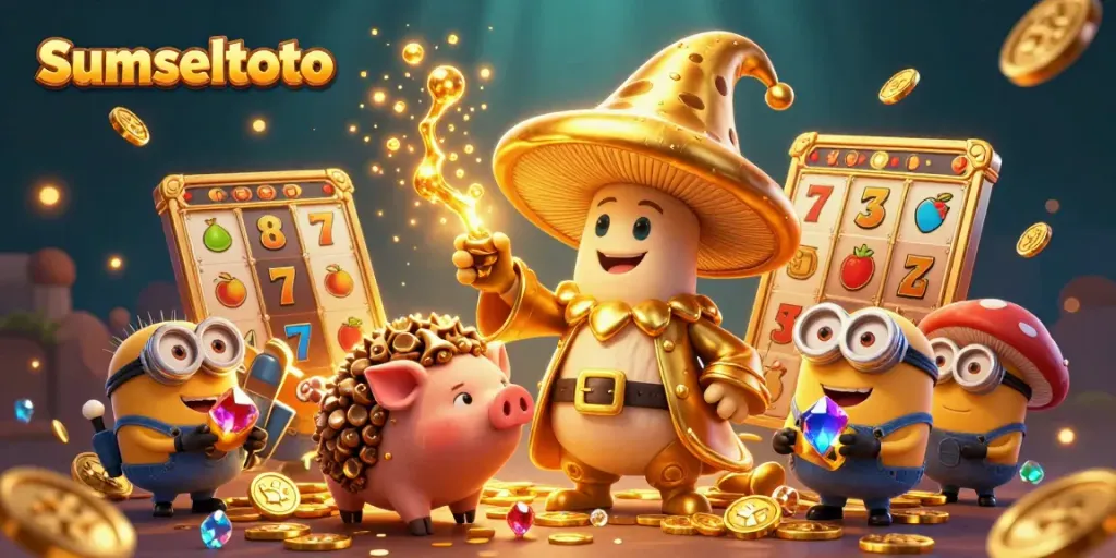 Sumseltoto showcases magical gaming treasures with golden characters, slot reels, and coins.