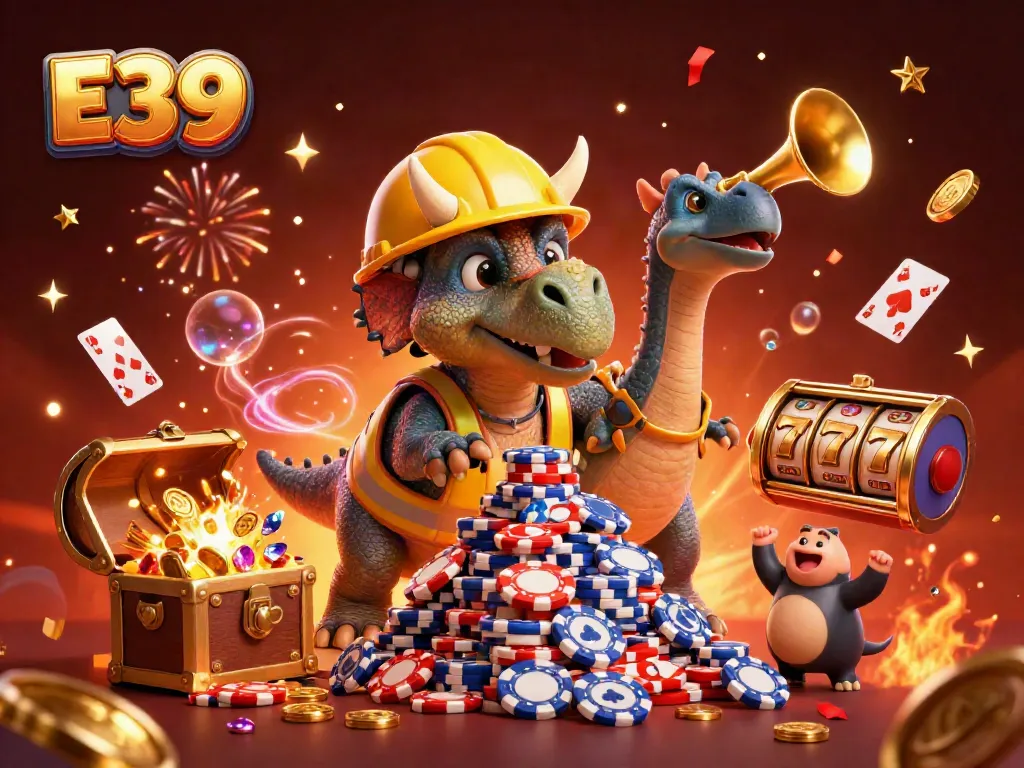 E39 casino scene featuring vibrant characters building a poker chip pyramid with underwater treasures.