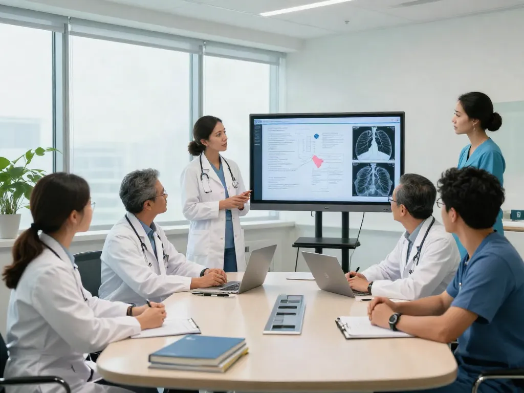 Lung cancer treatment UAE: A healthcare team collaborating on patient-focused strategies in a modern hospital setting.