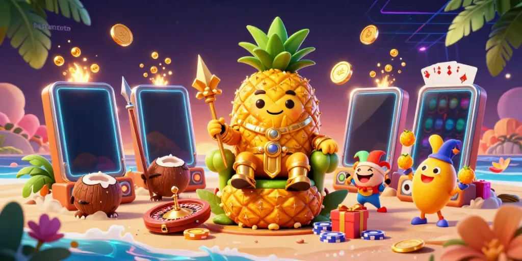 Engage with batamtoto's vibrant 3D casino scene featuring a golden pineapple king and game elements.