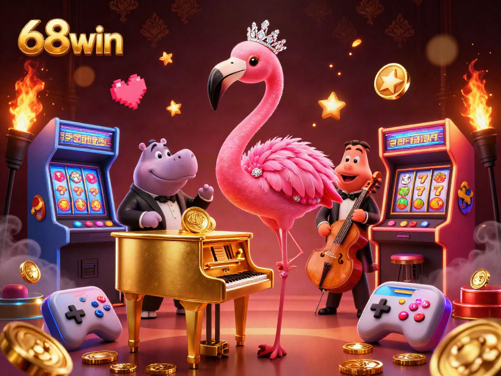 Experience vibrant casino gaming with 68win featuring a flamingo singer and hippo bassist in a colorful scene.