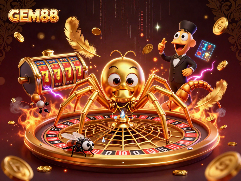 Place bets at GEM88 as a golden spider spins a roulette web surrounded by slot machines.
