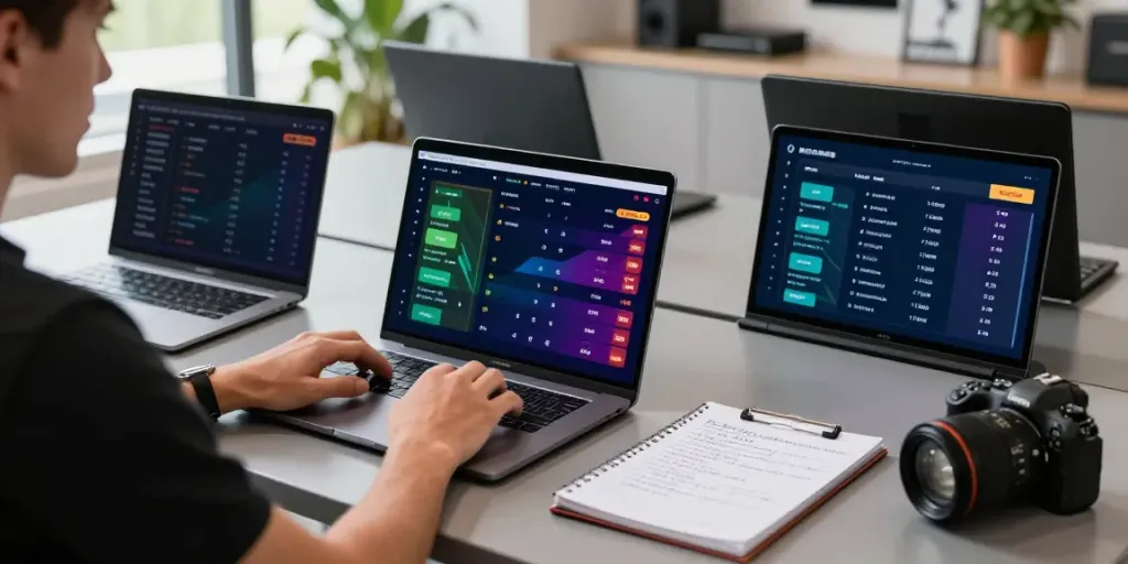 WWBOLA user analyzing soccer betting data on laptop in sports-themed room.