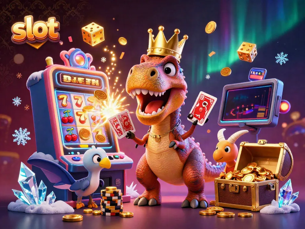 Experience thrilling slot action with a T-Rex, pterodactyl, and triceratops in an engaging casino scene.