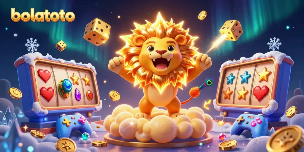 Experience bolatoto's thrilling gaming scene with vibrant slot reels, golden dice, and a roaring lion.