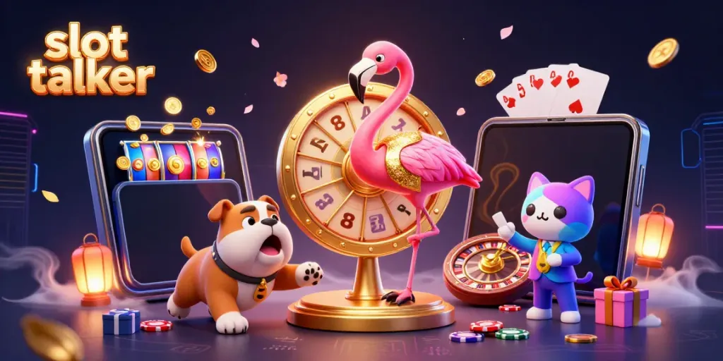 Engaging 3D illustration of slot talker gaming scene with vibrant characters and colorful casino elements.