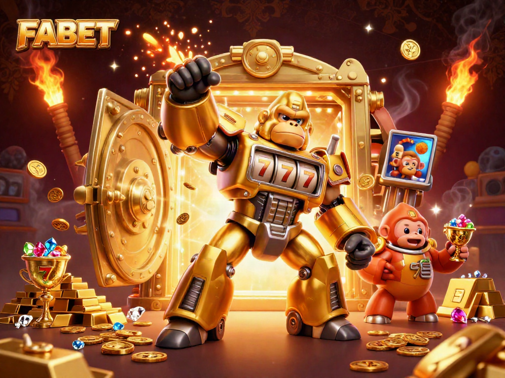 FABET's immersive gaming experience springs to life with a golden gorilla mech amid slot machine visuals.