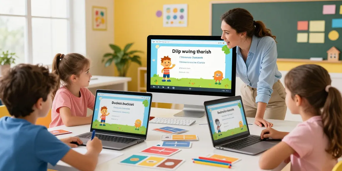 Children engaged in interactive English classes for children with a friendly tutor in a colorful virtual classroom.