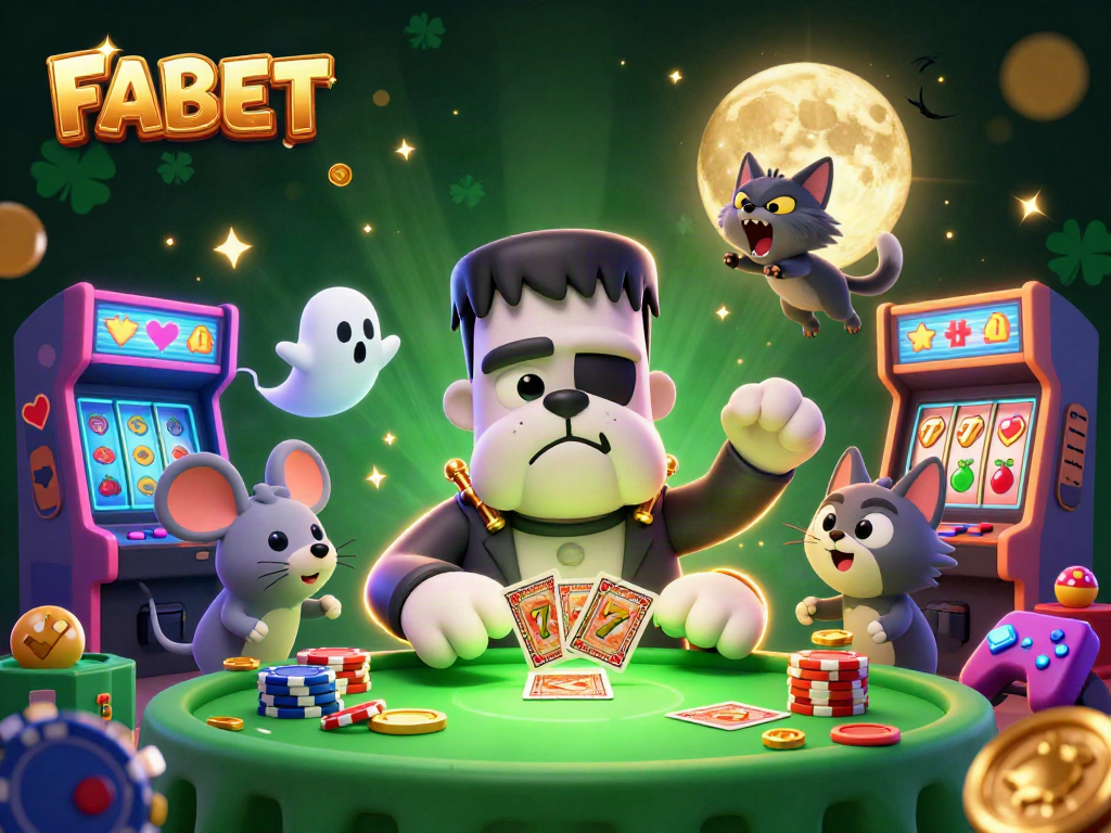 Engage with the 3D FABET scene featuring vibrant slots and colorful characters.