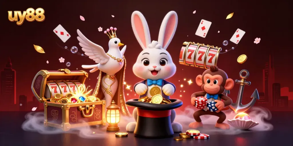 Experience the magic of uy88 with a magician rabbit, coins, and casino elements in a vibrant scene.