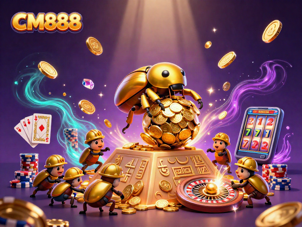 Engage in excitement with CM888, featuring a golden beetle powering through a casino-themed illustration.