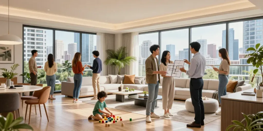 New launch condo with stylish interiors and urban views, potential buyers exploring space.