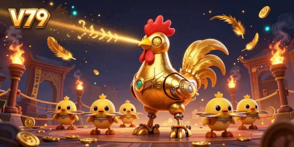 Engage with the thrilling V79 golden rooster robot and its chick drones in a vibrant casino battle scene.