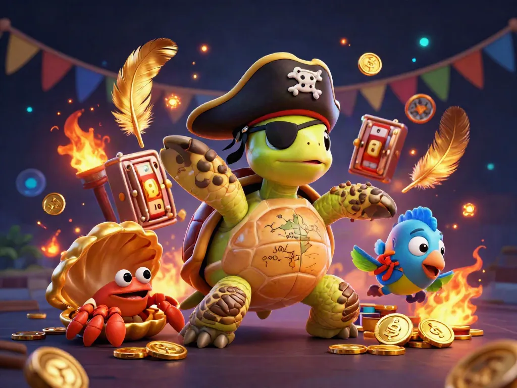 mmoo’s slot gaming adventure portrayed with a pirate turtle, colorful creatures, and exciting jackpot elements.