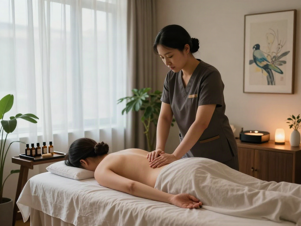 Relaxing 강남출장안마 service in a tranquil wellness spa atmosphere with soothing decor and essential oils.