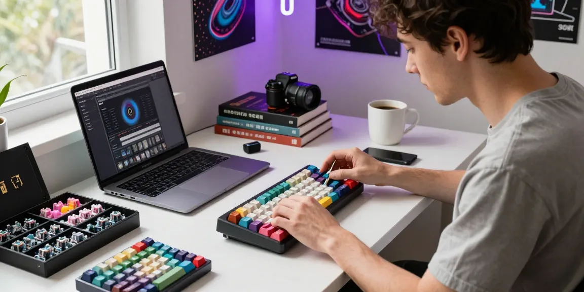 Customizing a Wooting 60HE v2 case with colorful keycaps and switches in a modern workspace.