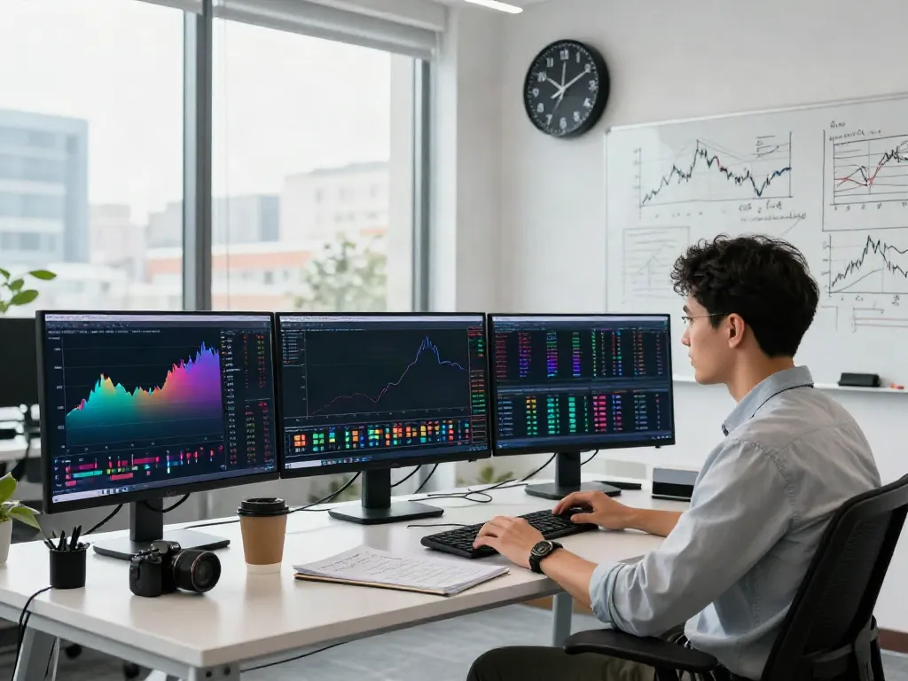 Trader analyzing stock charts on multiple screens using TradingView in a modern office