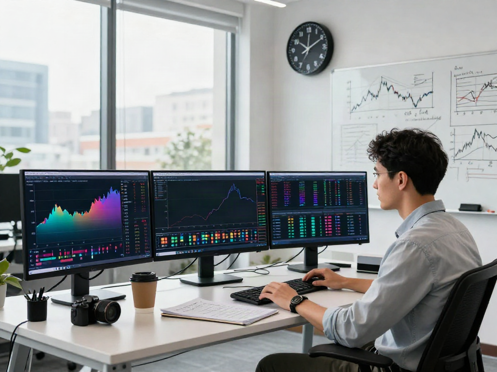 Trader analyzing stock charts on multiple screens using TradingView in a modern office