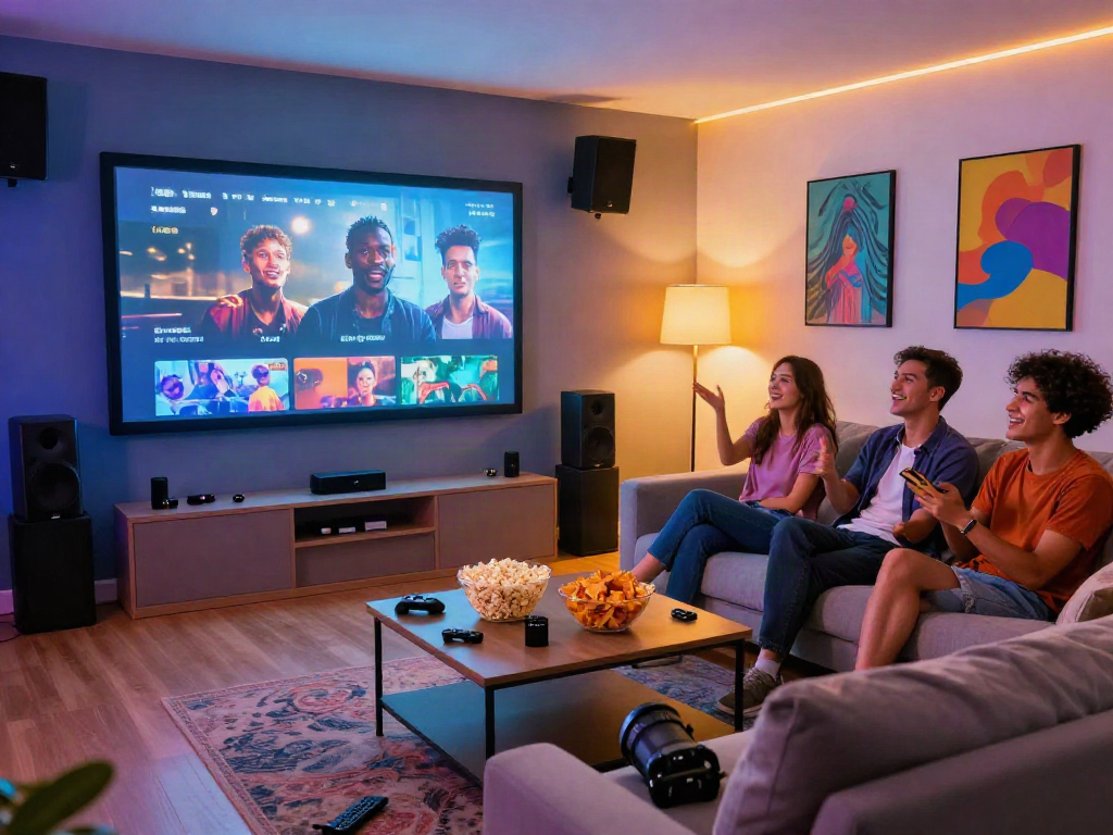 Friends enjoying pikashow in a vibrant home theater with snacks and cozy setup