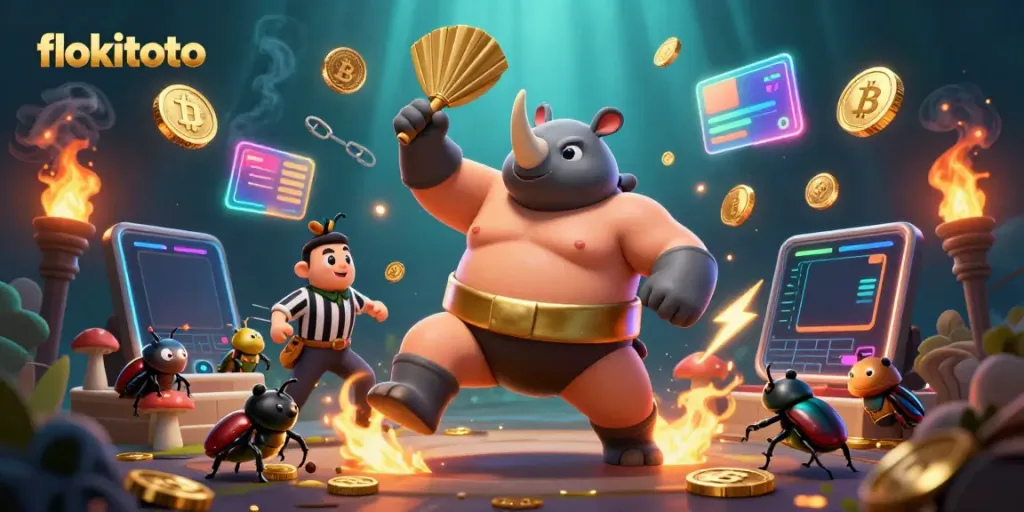 Experience the thrill of gaming with flokitoto, featuring epic 3D illustrations of a sumo beetle champion and neon crypto elements.