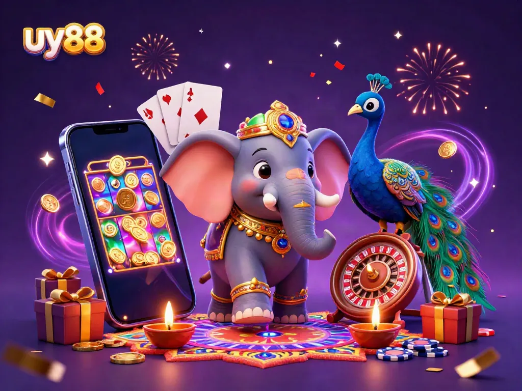 Spin reels in uy88's colorful gaming scene featuring vibrant characters and casino elements.