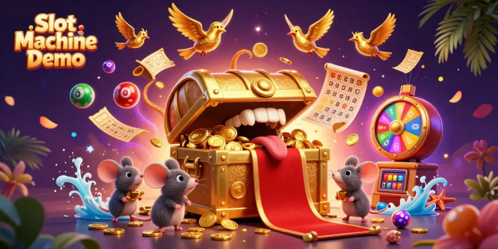 Engage in the Slot Machine Demo with a vibrant, colorful scene of an animated treasure chest luring adventurer mice.