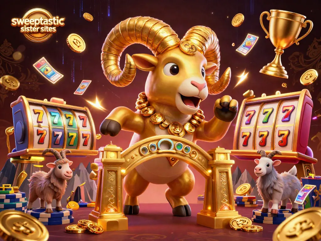 Sweeptastic sister sites featuring a massive golden ram charging through a gaming scene with vibrant slot elements and trophies.