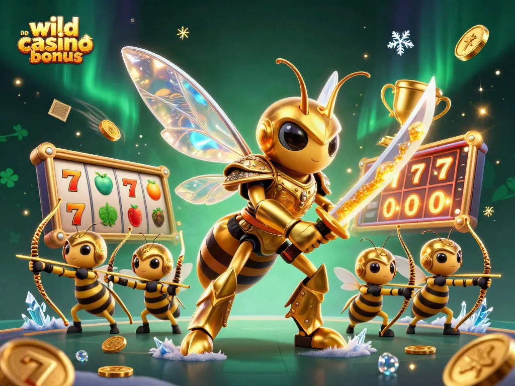 Experience wild casino no deposit bonus with the thrilling samurai hornet and bee archers in a vibrant 3D casino scene.