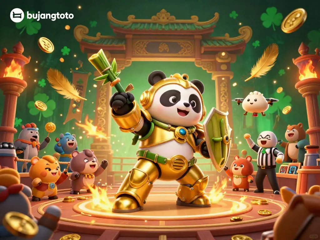 Engage in thrilling action at bujangtoto casino arena with a golden mech-panda in a vibrant gambling battle.