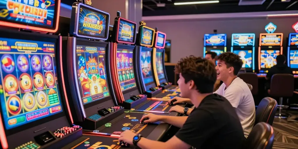 Players enjoying PG电子 slot games in a vibrant casino atmosphere, showcasing excitement and colorful graphics.