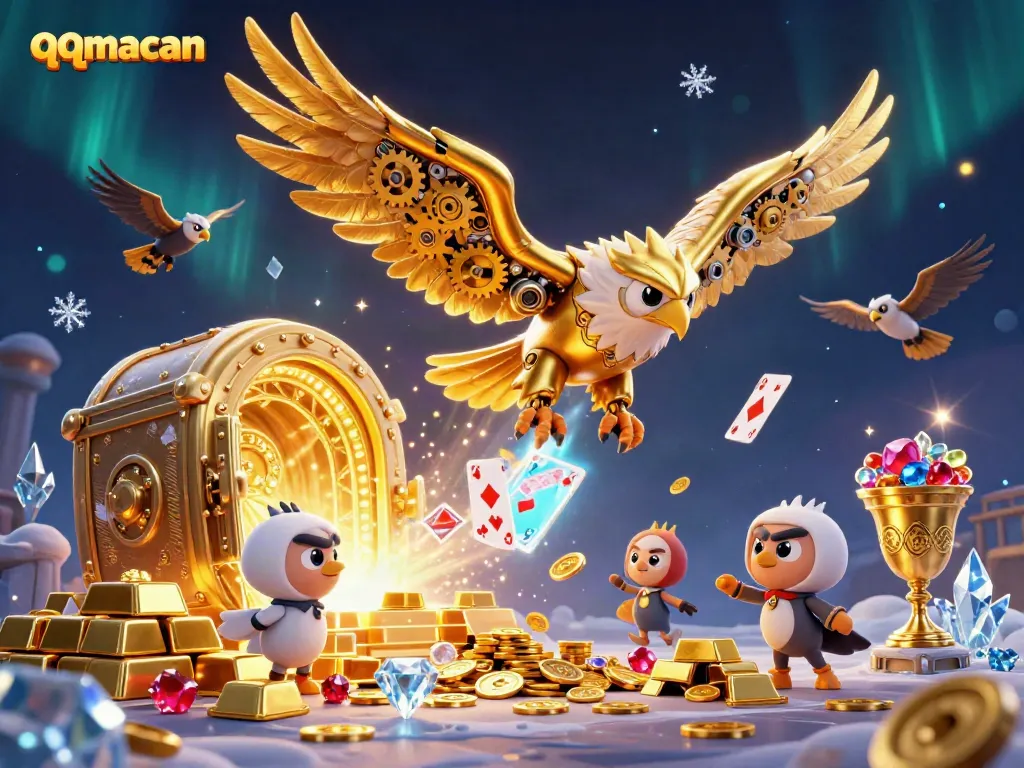 Engage with thrilling gameplay at qqmacan featuring holographic cards and treasures in an enchanting scene.