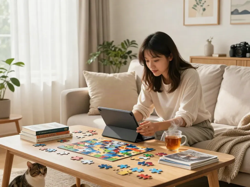 Enjoy a relaxing puzzle-solving moment at solveloom.com with a cozy scene.