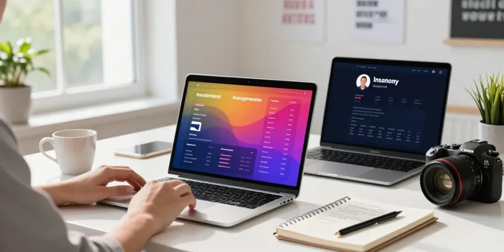 Engaged user analyzing Insanony app performance metrics on a laptop in a bright workspace.